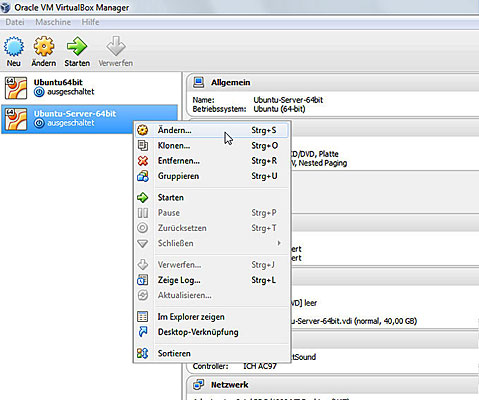 Einstellungen der virtuellen Maschine ändern