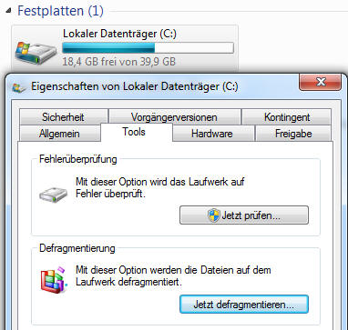 Festplatte defragmentieren über Eigenschaften