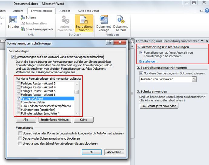 Formatvorlage zulassen unter Bearbeitungseinschränkung