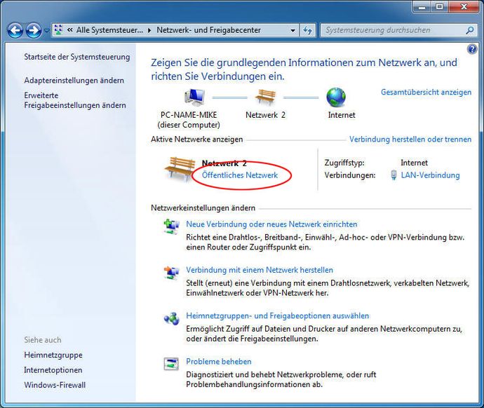 Heimnetzwerk über Netzwerk- und Freigabecenter