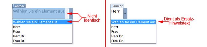 Hinweistext und erster Eintrag der Liste