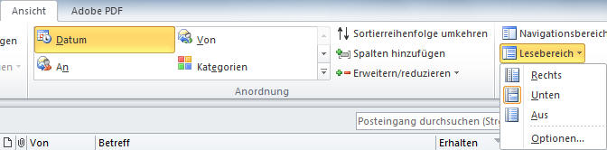 Lesebereich in Outlook anpassen