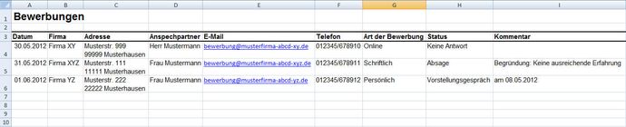 Liste über Bewerbungen Liste über Bewerbungen