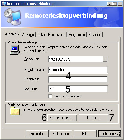 Optionen für Remoteverbindung Optionen für Remoteverbindung