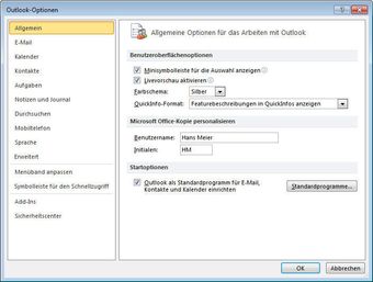 Outlook Optionen