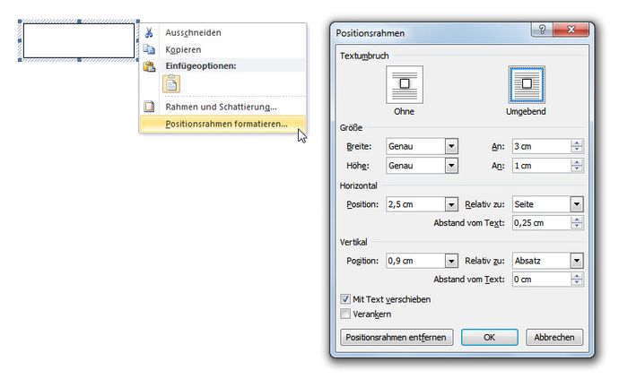 Positionsrahmen Eigenschaften