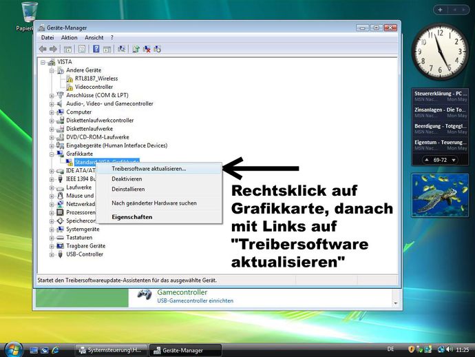 Rechtsklick auf Grafikkarte danach Linksklick auf Treibersoftware aktualisieren