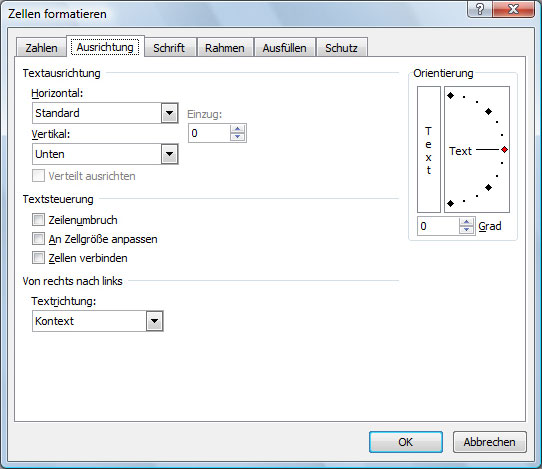 Register Ausrichtung in Excel