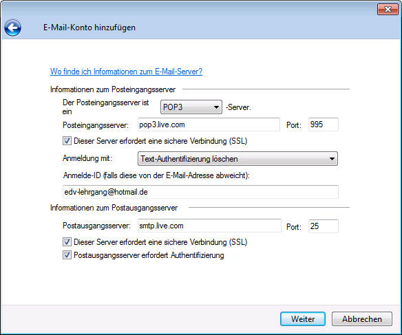 Servereinstellungen für Hotmail