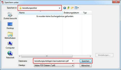 Speicherort für die PDF-Datei