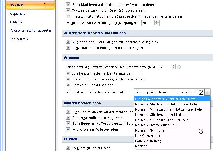 Standardansicht ändern