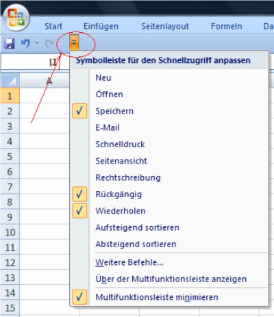 Symbolleiste für Schnellzugriff in Excel