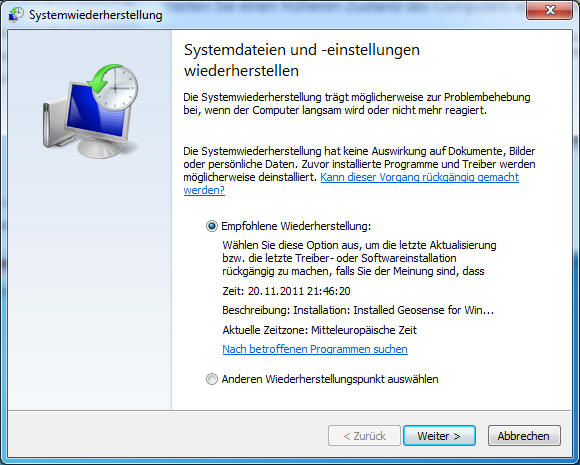 Wiederherstellungspunkt wird empfohlen