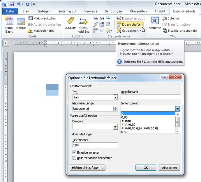 Zahlenformate in Word-Formularfelder