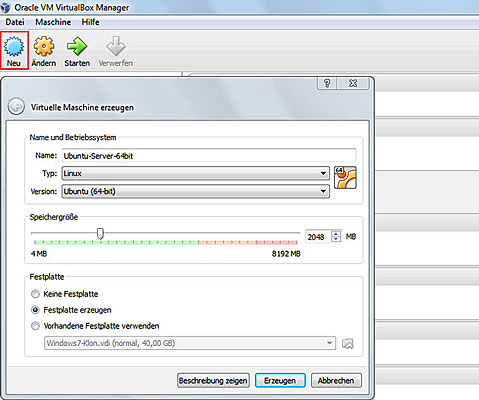 Neue virtuelle Maschine in VirtualBox