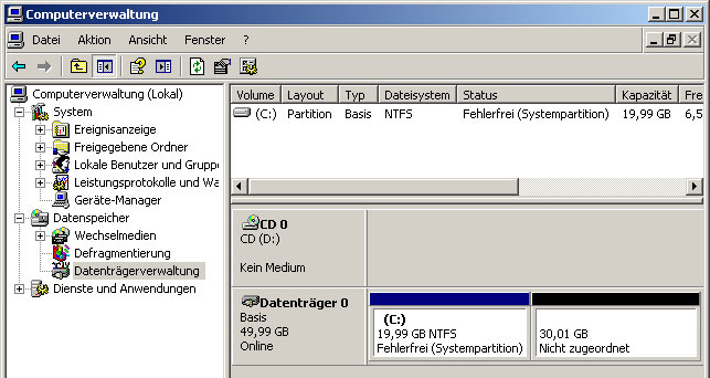 Ansicht der Datenträgerverwaltung in Windows XP