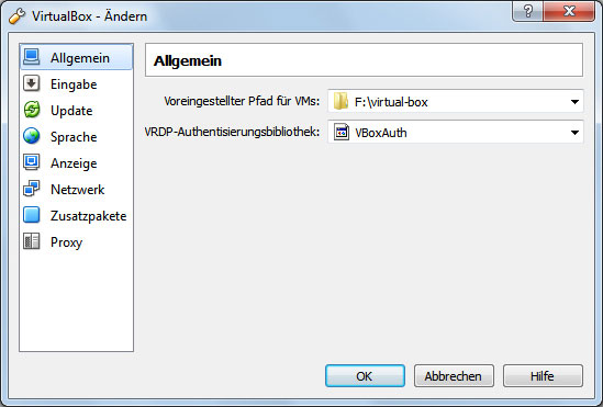 Pfad für virtuelle Maschinen in VirtualBox