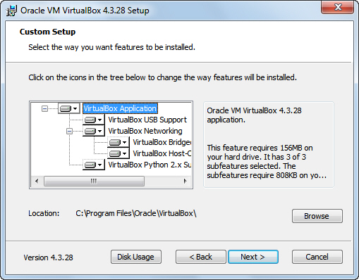 Auswahl der Features in VirtualBox