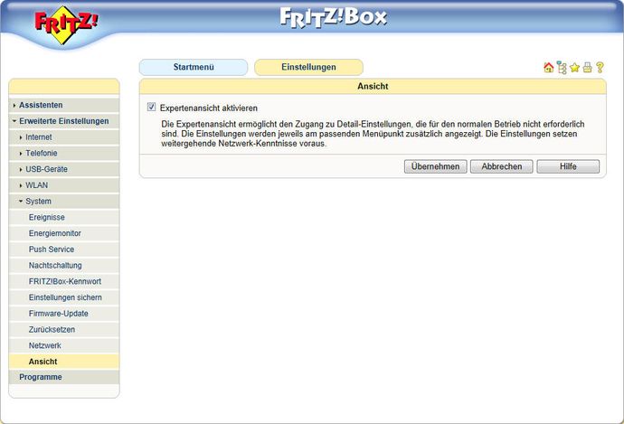 Expertenansicht in der Fritz Box