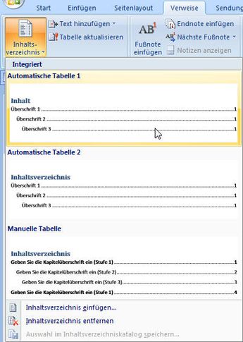 Inhaltsverzeichnis in Word